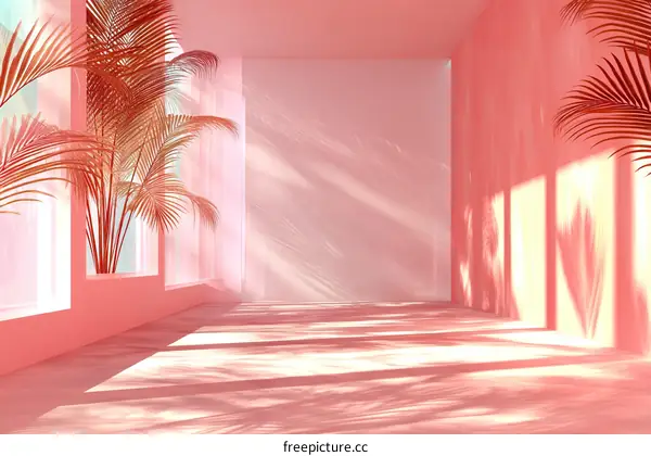 Pink Interior Design with Sunlight and Palm Trees