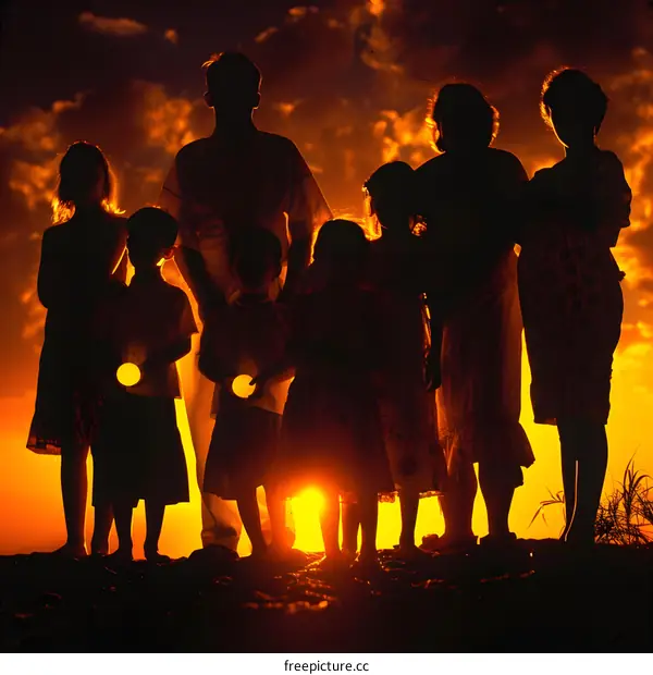 Silhouettes of Family Standing at Sunset