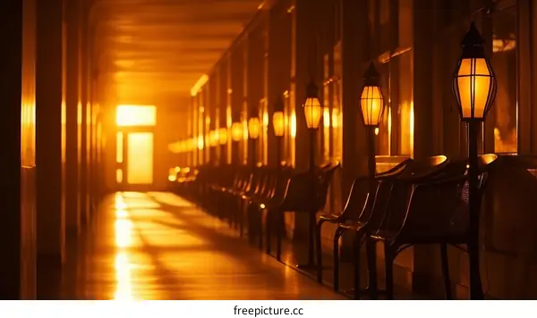 liminal space with benches and lanterns