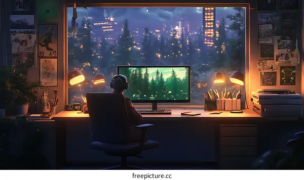 Cozy Nighttime Workspace with City View