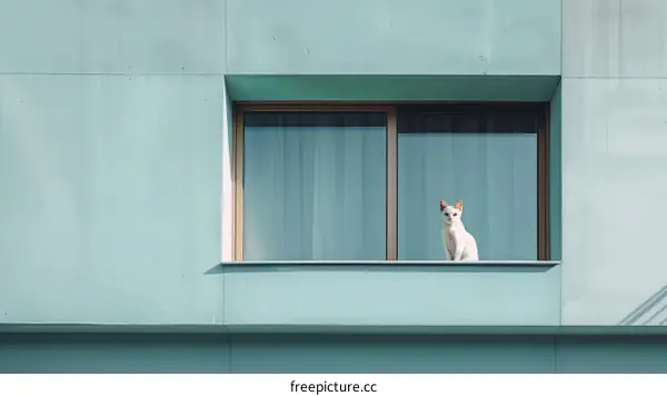 A white cat is sitting on the ledge of a blue building