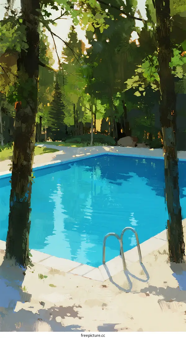 Sunlit Swimming Pool Surrounded by Lush Green Trees