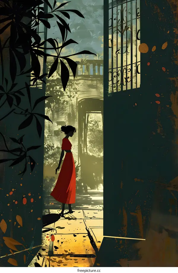Silhouette of a Woman in a Red Dress Standing in Front of a Gate