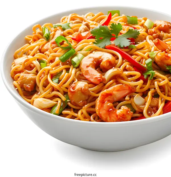 Bowl of Stir Fried Noodles with Vegetables and Shrimp