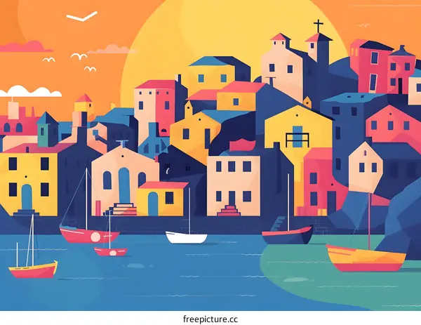 Colorful Geometric Illustration of a Coastal Town with Boats