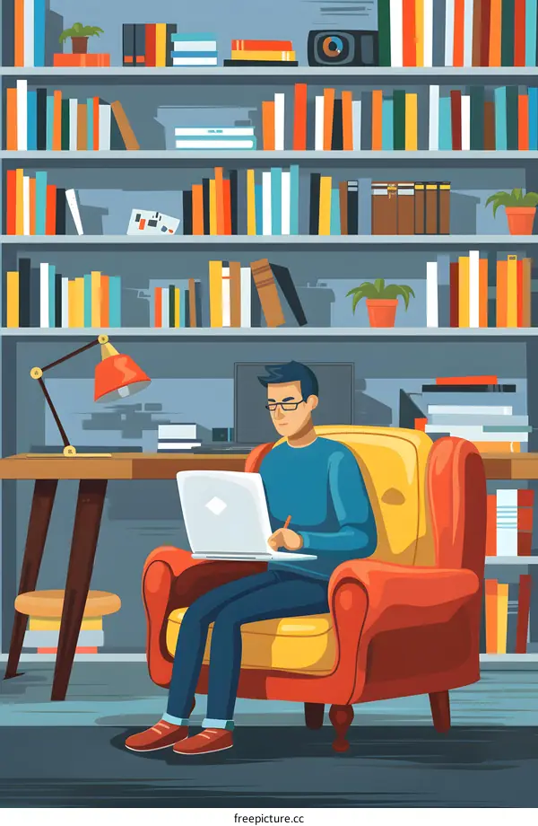 Man Sitting in a Chair and Working on a Laptop in a Library