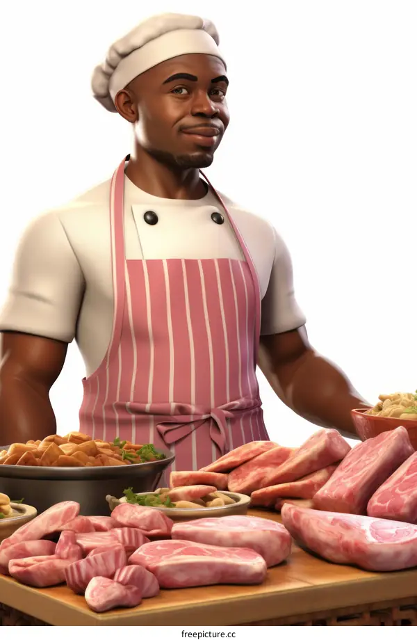 Black male chef in uniform with various types of meat and side dishes