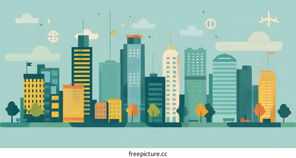 Cityscape Illustration with Buildings and Airplane