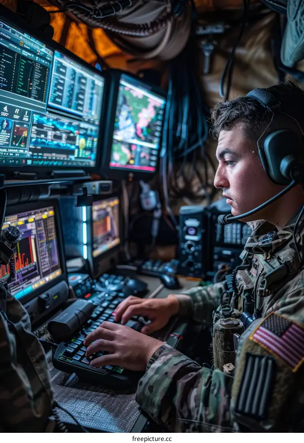 A soldier wearing headphones operates multiple computers in a tent.