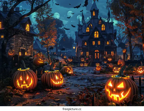 Spooky Halloween Night with Haunted House and Pumpkins