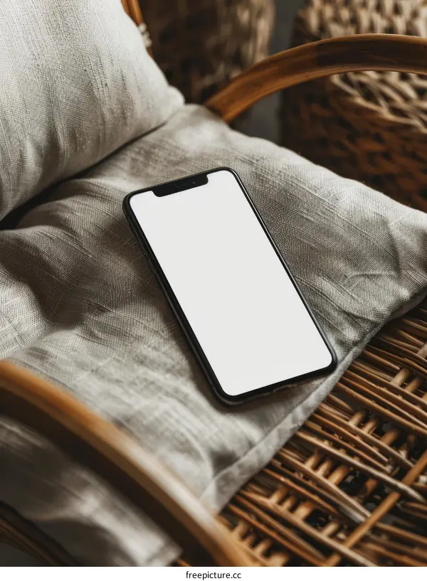 A black phone on a wicker chair with a cushion