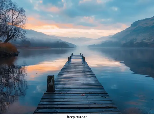 Wooden dock extending out into a calm lake with a beautiful mountain landscape in the background
