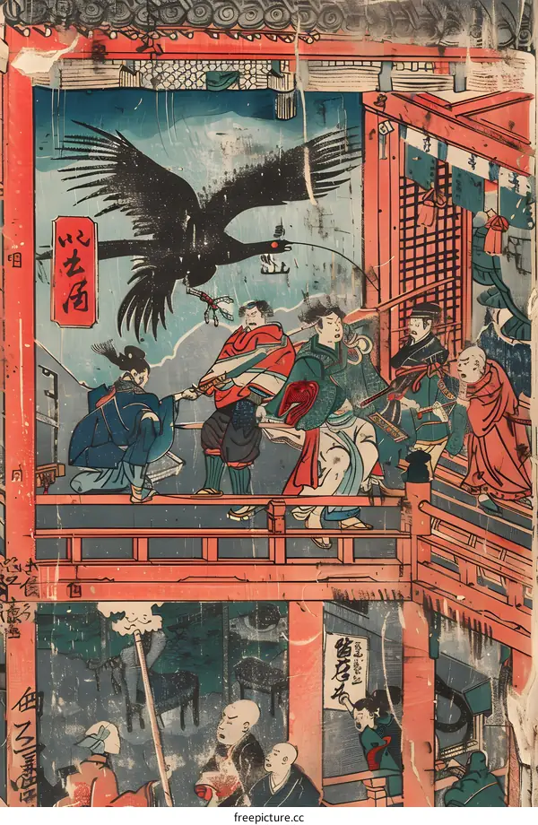 Japanese Woodblock Print of a Samurai Battle