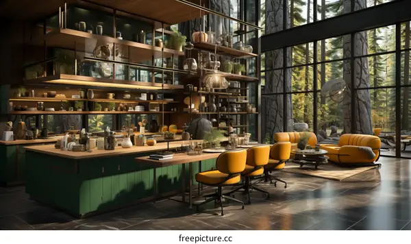 Modern kitchen and living room with forest view