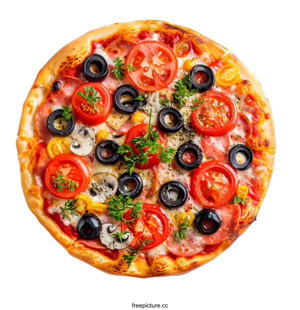 [Transparent Background PNG]Delicious Italian Pizza with Ham, Tomatoes, Olives, and Mushrooms