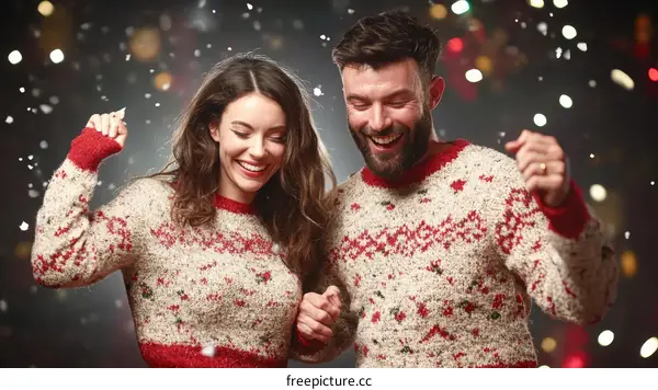 Couple Celebrating Christmas with Festive Sweaters