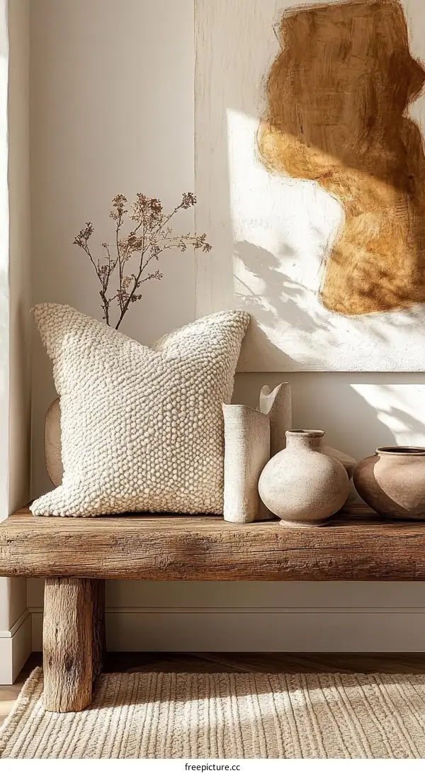 Rustic Wooden Bench with Beige Decor
