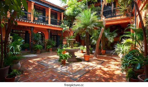 Spanish Courtyard with Fountain and Lush Greenery