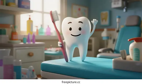 A Happy Cartoon Tooth Holding a Toothbrush in Dental Clinic
