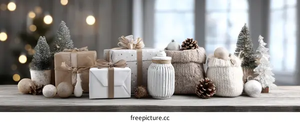 Christmas Gifts and Decorations Arrangement on Wooden Table