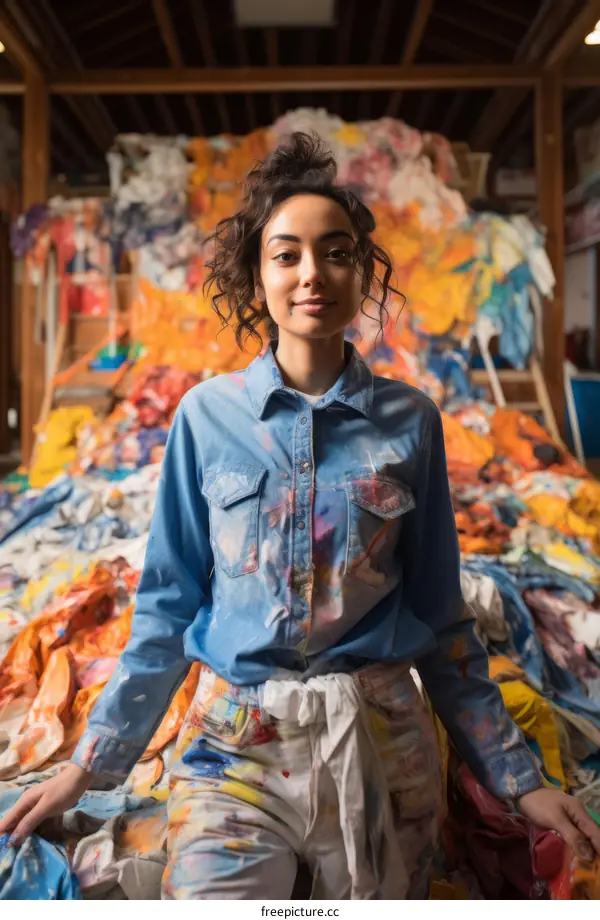 Portrait of a young Middle Eastern woman artist in front of a large pile of colorful fabric scraps in an art studio