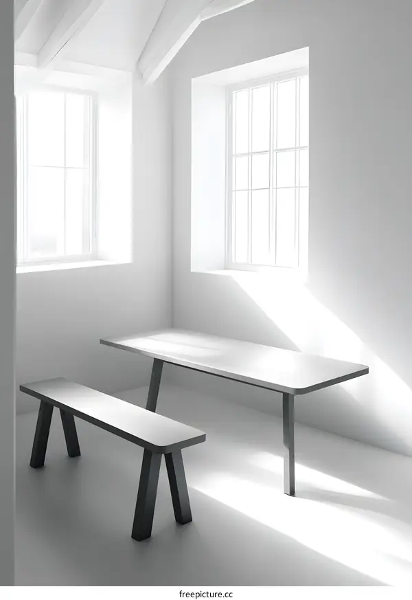 Modern White Table and Bench in a Minimalist Room
