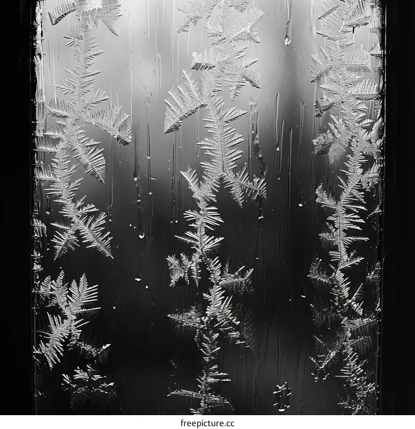 Black and white photo of frost patterns on a window