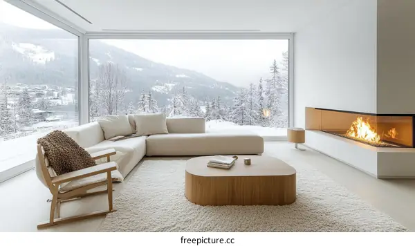 Modern Cozy Living Room with Snowy Mountain View
