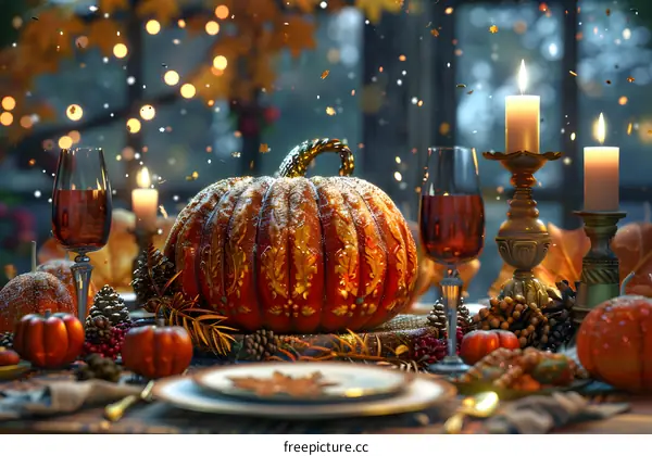 Thanksgiving table with pumpkin centerpiece