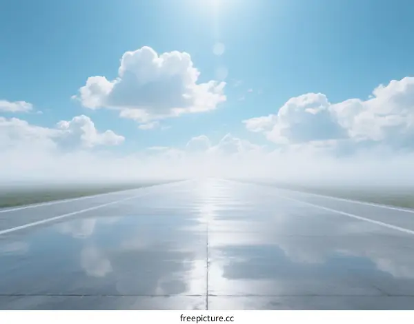Clear Blue Sky with White Clouds Over Empty Airport Runway