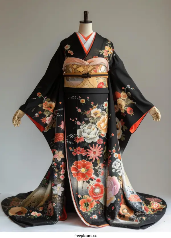 A woman wearing a black kimono with red and white flowers