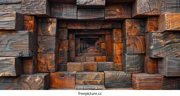 Stacked Wooden Blocks Wall with Opening