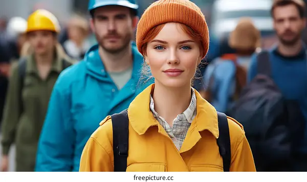 City Crowd with Woman in Mustard Yellow Jacket