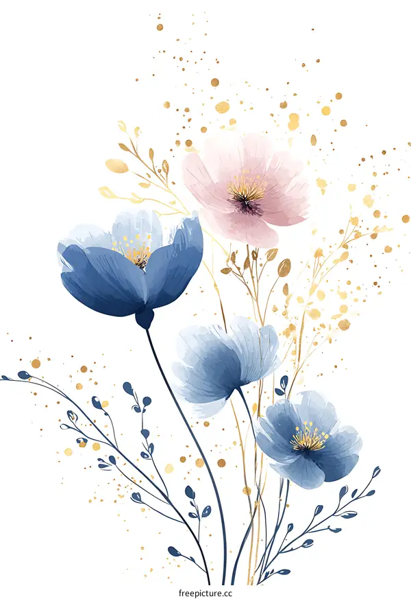 Blue and Pink Watercolor Floral Illustration with Gold