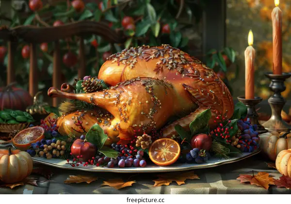 Thanksgiving Dinner Feast with Turkey, Pumpkins, and Fruits