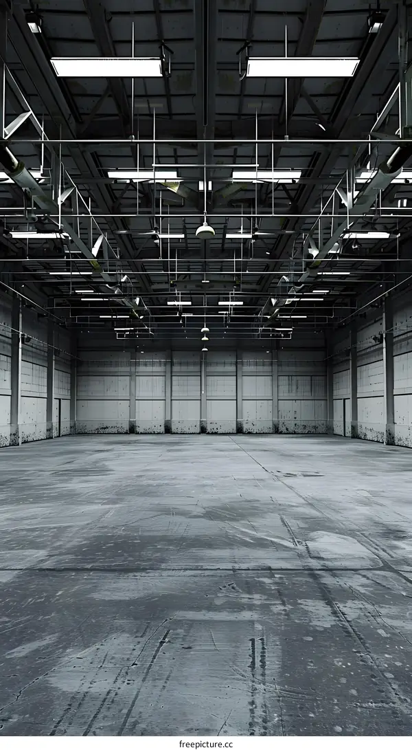Empty Industrial Warehouse With Concrete Floor And Exposed Piping