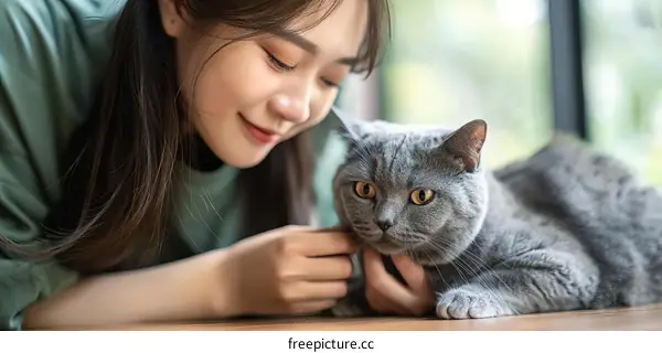 A young woman is petting a British Shorthair cat