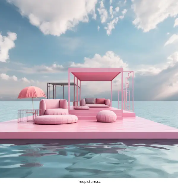 pink floating platform with pink furniture and pink umbrella on the sea