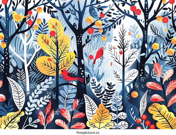 Colorful Forest Illustration with Birds