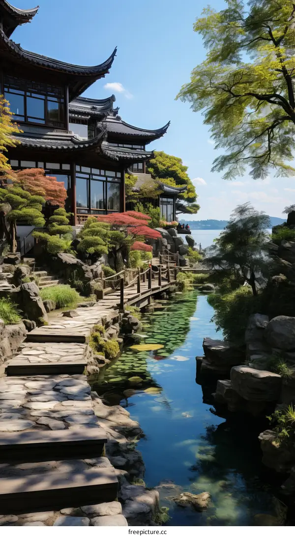 Oriental architecture surrounded by trees and a river