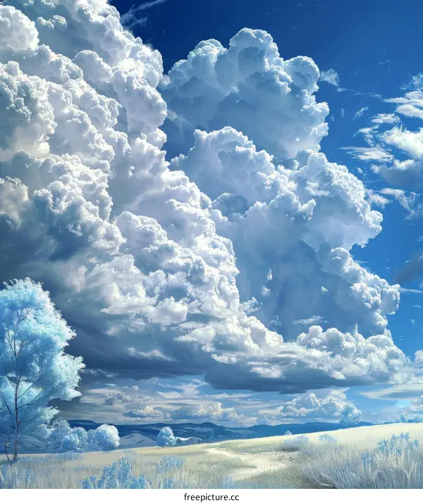 A large white cloud in the sky above a field of grass