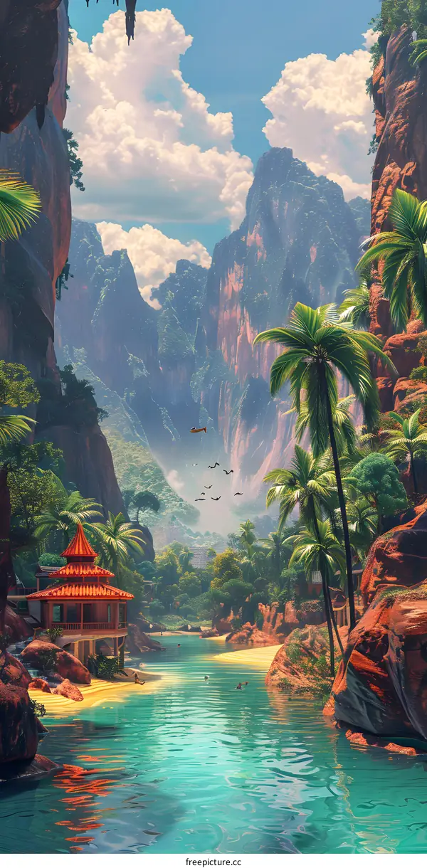 Tropical Paradise Landscape With Mountain and Sky