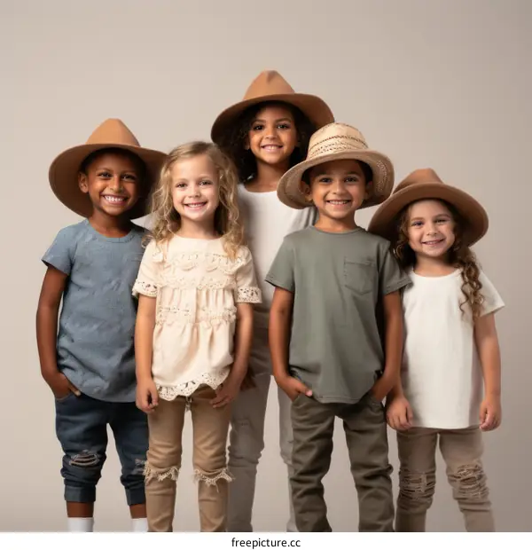 Portrait of a group of diverse children wearing hats
