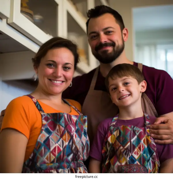Family of three in kitchen wearing aprons and smiling