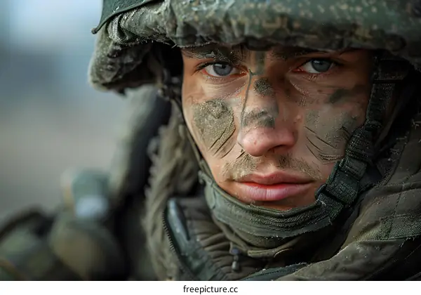 Portrait of a young soldier with blue eyes and a camouflage helmet