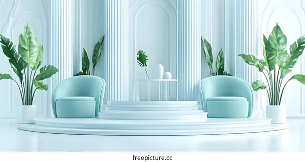 Minimalist Interior Design with White Columns and Green Plants