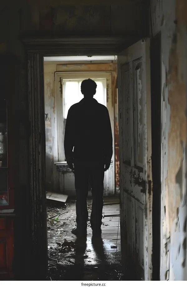 A dark figure stands in a doorway of an abandoned house