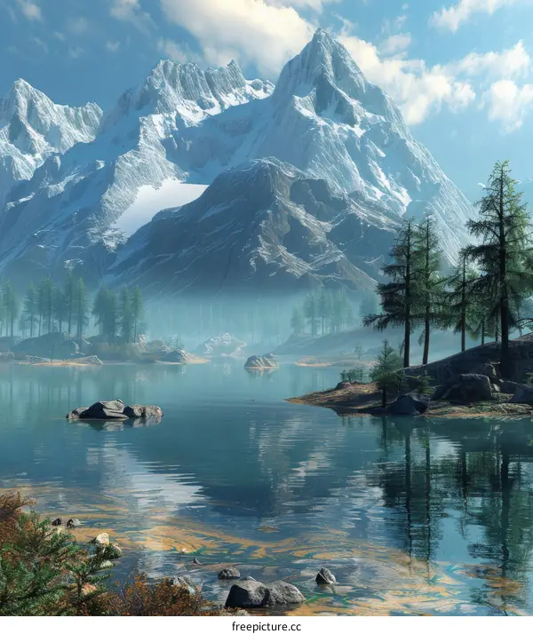 Tranquil mountain retreat by a serene lake and snow-capped mountains