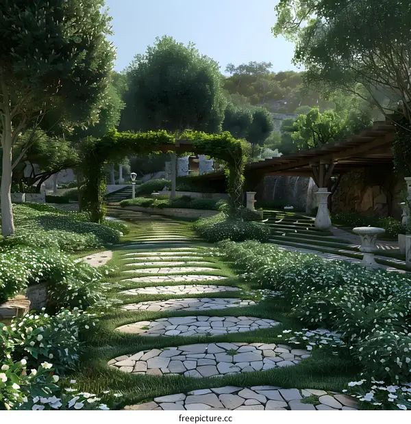 A stone path winds through a lush garden.