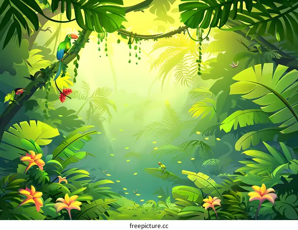 Tropical Rainforest Jungle Illustration with Birds and Flowers